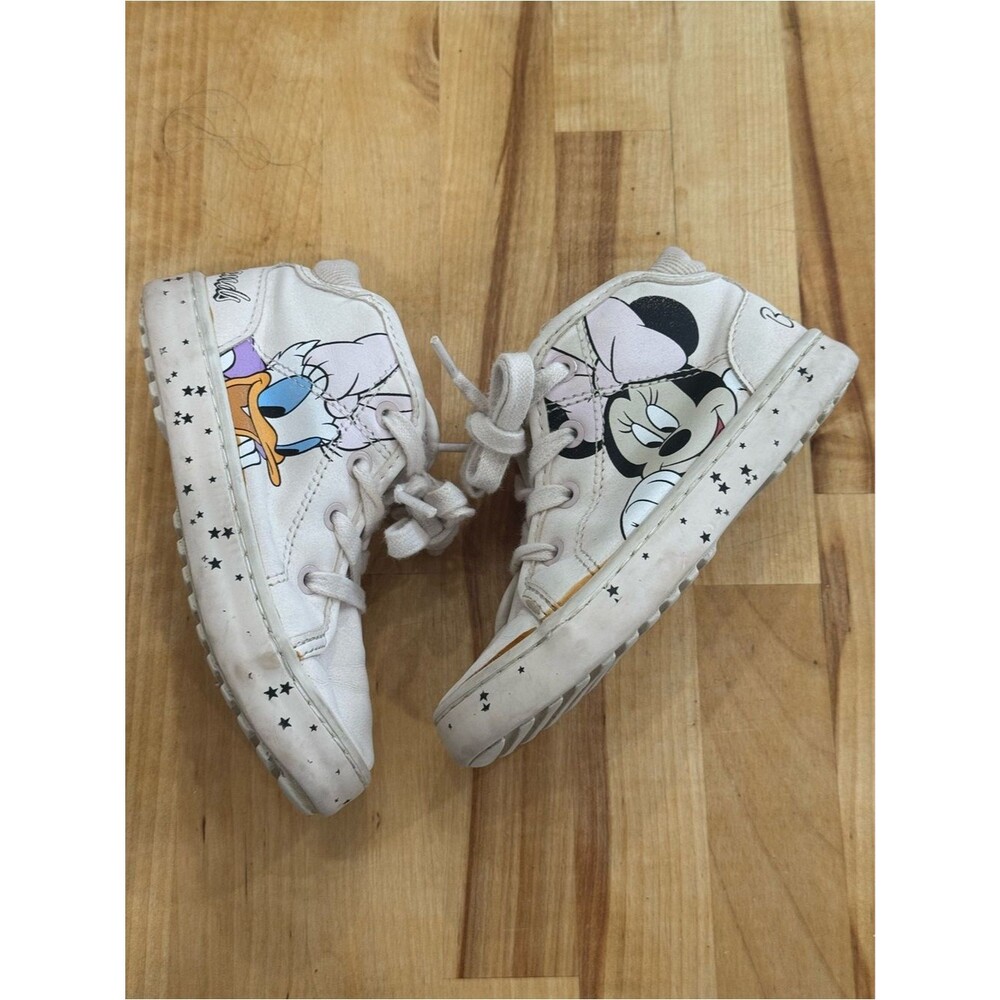 Toddler size 8, Zara kids' high-top sneakers feature Minnie Mouse and Daisy Duck